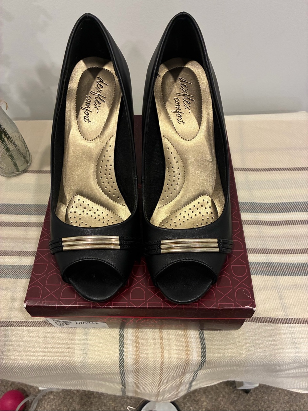 dexflex comfort Black Peep-Toe Heels with Gold Trim